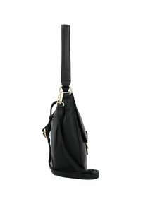 Borsa a mano in pelle nera con forma strutturata, finitura testurizzata e una lunga tracolla regolabile. Presenta dettagli in metallo dorato.