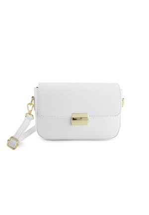 White leather crossbody bag with a rectangular gold clasp and an adjustable strap with gold hardware on a white background.