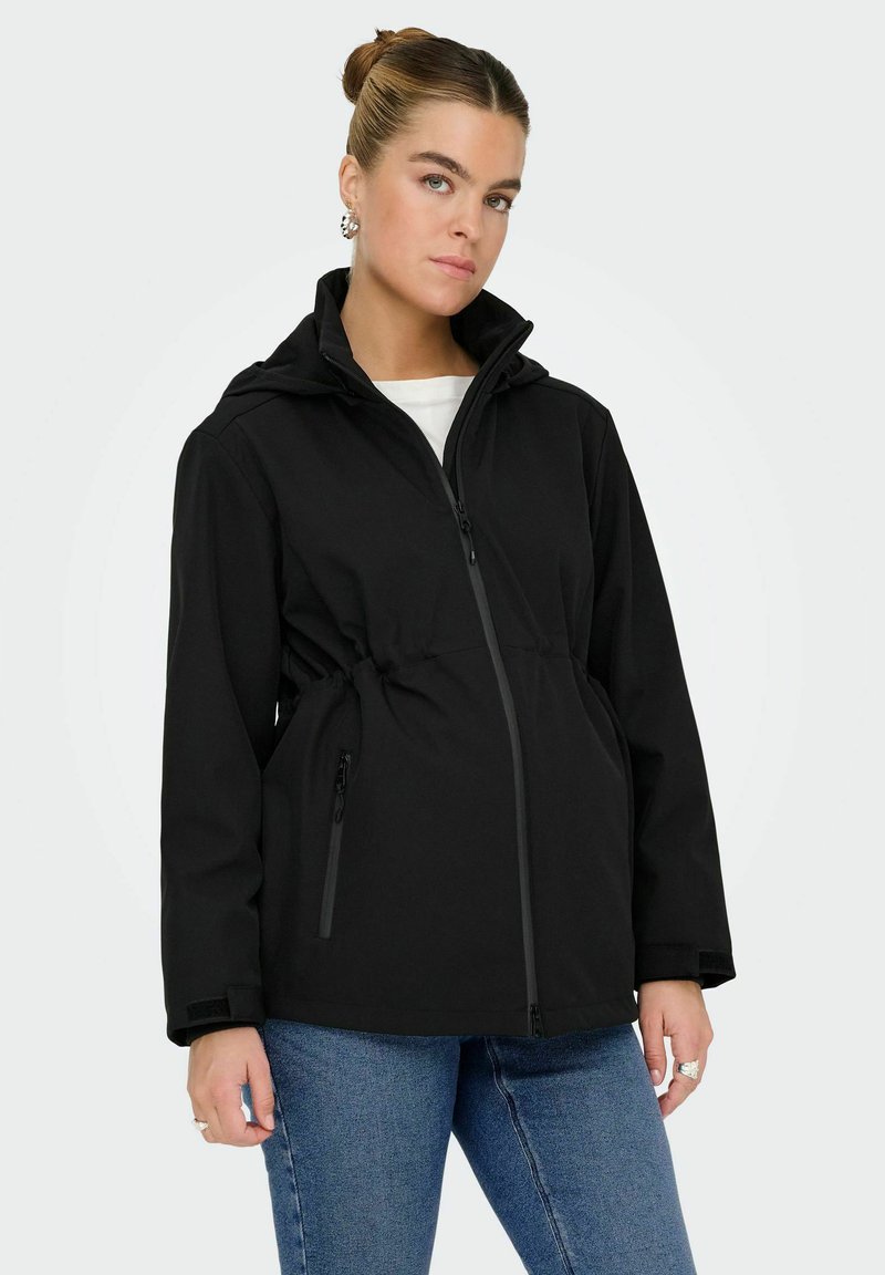 Černá zipová bunda s kapucí, stahovací pas a boční kapsy. Navržena s hladkým povrchem a přiléhavým střihem.