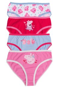 Set di quattro mutandine in cotone per bambini. Colori: rosa, rosso, azzurro. Presentano disegni di personaggi e motivi a cuore. Fasce elastiche in vita.