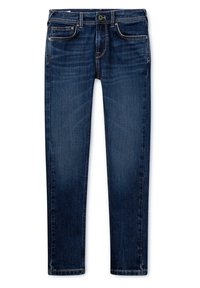 Mörkblå denimjeans med slimmad passform, synlig sömnad, fem fickor och knappstängning. Minimalistisk design utan distinkta mönster.
