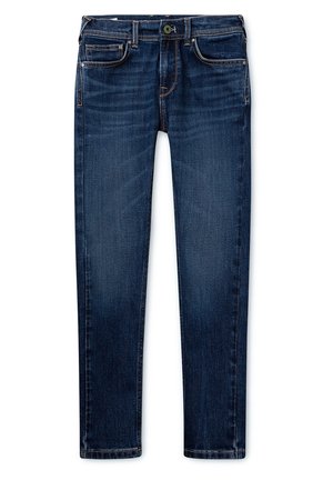Donkerblauwe denim jeans met een slim fit, zichtbaar stiksel, vijf zakken en een knoopsluiting. Minimalistisch ontwerp zonder duidelijke patronen.