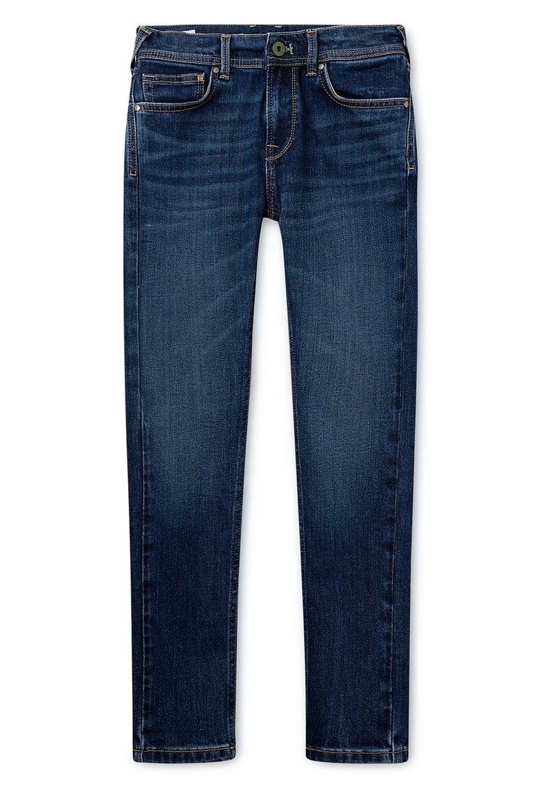 Mörkblå denimjeans med slimmad passform, synlig sömnad, fem fickor och knappstängning. Minimalistisk design utan distinkta mönster.