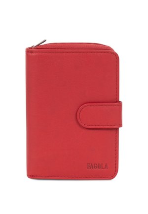 Portefeuille en cuir rouge avec fermeture pression, fermeture éclair sur le dessus et "FAGOLA" embossé dans le coin inférieur droit.