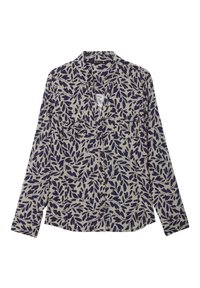 Hemd mit Knöpfen aus leichtem Stoff, mit beigem Grund und marineblauen Blättermustern, langen Ärmeln und zwei Brusttaschen.