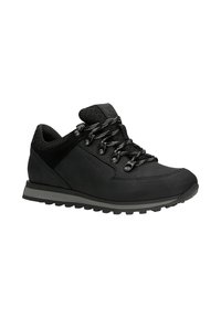 Czarne buty trekkingowe z gładkim skóropodobnym i siateczkowym wierzchem, teksturowanymi sznurówkami, zaokrąglonym noskiem oraz wytrzymałą gumową podeszwą zapewniającą przyczepność.