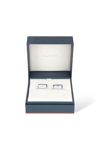 Silver cufflinks with a polished finish displayed in a navy blue presentation box lined with white fabric, featuring the brand name "DAVIDOFF."