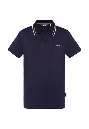 Polo bleu marine à manches courtes avec patte à deux boutons, col rayé, poche poitrine et logo « Schott » brodé sur la poche.