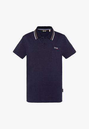 Granatowy polo z krótkim rękawem, zapinany na dwie guziki, z paskowanym kołnierzykiem, kieszenią na piersi oraz haftowanym logo "Schott" na kieszeni.