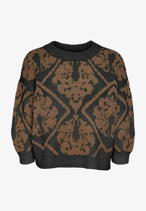 Gebreide trui in donkergrijs met een gestructureerd bruin bloemmotief. Heeft een brede pasvorm, geribbelde halslijn en verlaagde schouders.