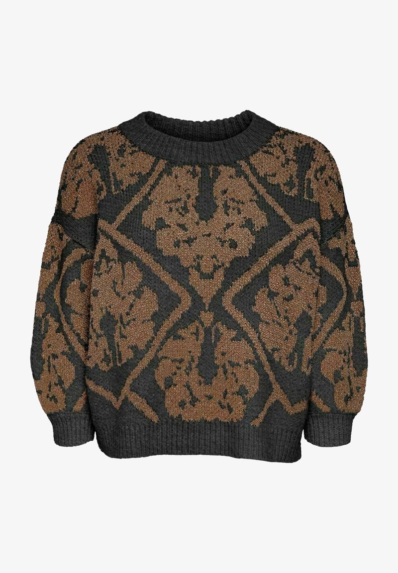 Sweter dzianinowy w ciemnoszarym kolorze z fakturowanym brązowym wzorem kwiatowym. Posiada szeroki krój, ściągacz przy dekolcie oraz opadające ramiona.