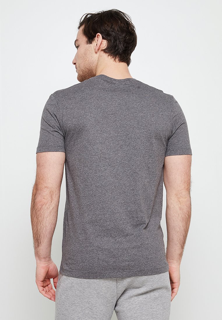 Szara koszulka z krótkim rękawem, okrągłym dekoltem, dopasowanym krojem i gładką fakturą, przedstawiona z tyłu.