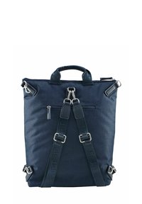 Mochila de tela azul marino con doble asa, correas ajustables, bolsillo delantero con cremallera y herrajes plateados. Presenta una forma rectangular elegante con un diseño minimalista.