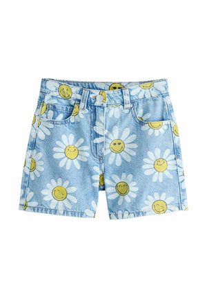Hellblaue Jeansshorts mit einem Margeriten- und lächelndem Gesichtsmotiv. Sie verfügen über vier Taschen, einen Knopfverschluss und einen klassischen Schnitt.