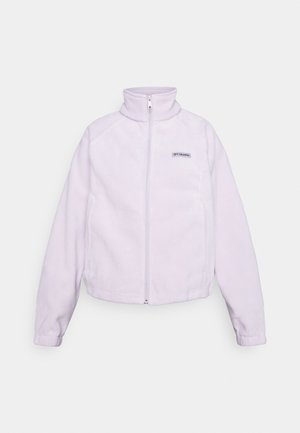 Fleece jacket in light lavender with a high collar, full zipper, and logo patch on the left chest. Features raglan sleeves and elastic cuffs.
