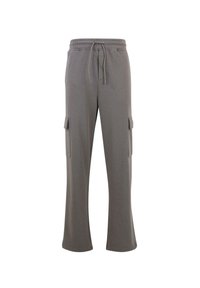 Grey sweatpants made of soft fabric, featuring a drawstring waistband, two side cargo pockets, and a flared leg design.