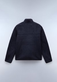 Navy Fleece-Pullover mit hohem Kragen, strukturiertem Oberflächenmaterial, langen Ärmeln und einer horizontalen Nahtdetails über den Rücken.