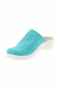 Zuecos de cuero en color turquesa con perforaciones para ventilación, suela blanca elevada y plantilla texturizada. Diseño clásico de tipo slip-on.