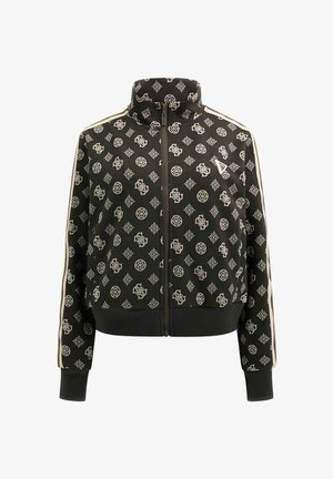 Chaqueta negra con cremallera que presenta un patrón geométrico blanco repetido, cuello alto y rayas laterales en contraste. Tejido de punto texturizado.