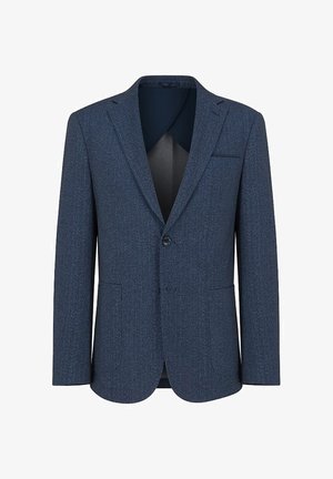 Granatowy marynarka na jeden guzik z klapami z wycięciami, dwoma przednimi naszywanymi kieszeniami oraz kieszenią na piersi, wykonana z tkaniny w jodełkę.