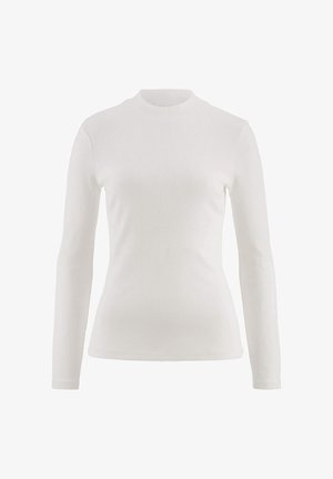 Weißer, langärmliger Ripp-Turtleneck mit schmaler Silhouette. Glatte Textur, minimalistisches Design und keine sichtbaren Muster oder Verzierungen.