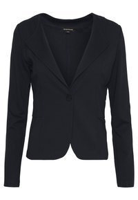 Blazer noir ajusté en tissu extensible, avec un col cranté, une fermeture à un bouton et deux poches avant. Design simple.