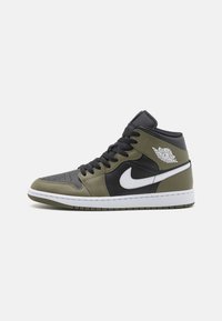 High-top sneaker with olive green, black, and white leather. Features perforated toe, round laces, and iconic Swoosh logo. White midsole.