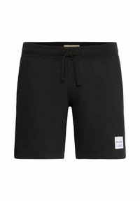 Shorts neri in cotone elastico con vita elasticizzata, cordoncino e dettaglio etichetta bianca sul lato inferiore. Tessuto morbido, design casual.