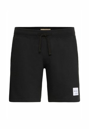 Sorte bomuldsblandede shorts med elastisk talje, snøre og en hvid labeldetalje på den nederste side. Glat tekstur, afslappet design.