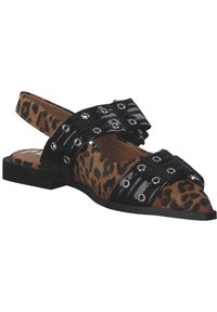 Leopard-print slingback shoes featuring black patent straps with metal grommets, low block heel, and a pointed toe design.