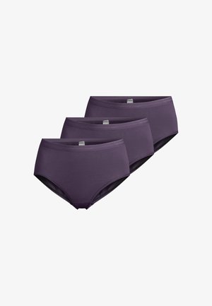 Drei lila Damenunterhosen im Brief-Stil aus Baumwollmischung, angeordnet in einer gestapelten Reihe auf weißem Hintergrund.
