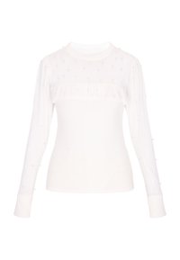 Top bianco a maniche lunghe con collo rotondo, tessuto texture, sezione centrale arricciata e perline decorative sulle maniche. Morbido e con un design aderente.