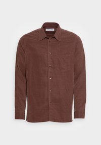 Long-sleeve brown button-up shirt with collar and chest pocket, displayed against a plain white background.