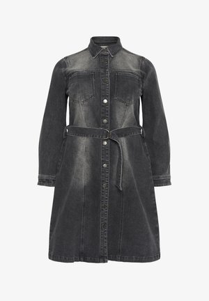 Sukienka dżinsowa w wyblakłym czarnym kolorze z guzikiem z przodu, dwoma kieszeniami na piersi, długimi rękawami i materiałowym paskiem w talii.