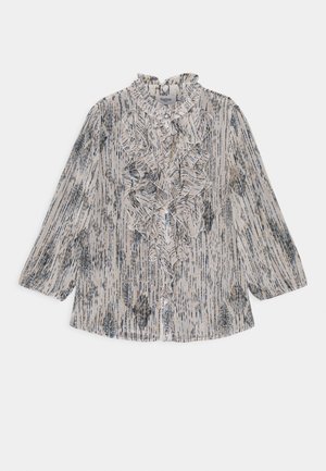 Blouse met lange mouwen met grijs-zwarte verticale strepen, ruches aan de voorkant en kraag, en knoopsluiting.