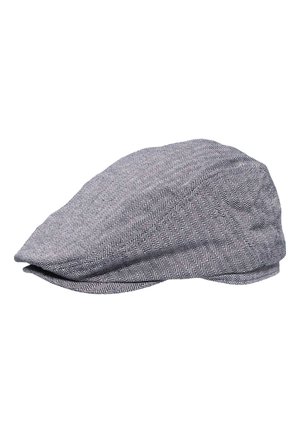Gray herringbone flat cap with a short brim, made of textured fabric, shown on a white background.