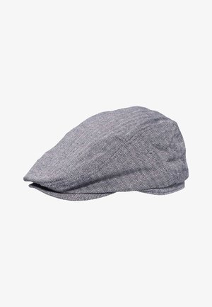 Gray herringbone flat cap with a short brim, made of textured fabric, shown on a white background.