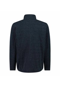 Dunkelblauer Pullover mit strukturiertem Strick, Stehkragen, langen Ärmeln und seitlichen Schlitzen für Bewegungsfreiheit. Dezentes, tonal gehaltenes Muster durchgehend.