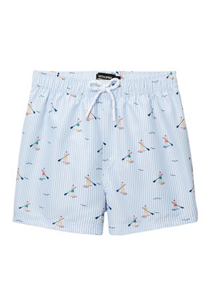 Shorts à rayures bleu clair et blanches avec un cordon blanc et de petites figures de paddle imprimées partout.