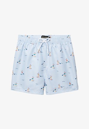 Shorts à rayures bleu clair et blanches avec un cordon blanc et de petites figures de paddle imprimées partout.