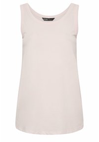 Bezrękawnik damski w kolorze jasnoróżowym, z okrągłym dekoltem i czarną metką marki wewnątrz kołnierza.