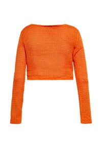 Jasnopomarańczowy, długi rękaw, sweter o otwartym splotcie, krótki fason, z dekoltem łódkowym i teksturowanym wzorem dzianiny.