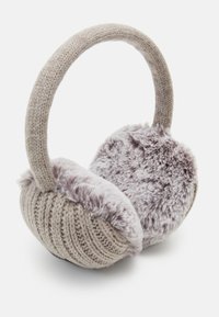 Strikkede beige øreklapper med en myk grå kunstpelsforing og en matchende polstret hodebånd. Rund form designet for varme og komfort.