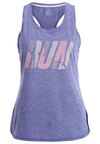 Lila träningslinne med lös passform, som har en grafisk design med ordet "RUN" i vitt och rosa. Tillverkat av mjukt, strukturerat tyg.