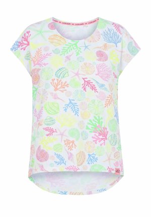 Weißes Kurzarm-Oberteil mit pastellfarbenem, mehrfarbigem Muster aus Meeresschalen, Seesternen und Korallen, rundem Ausschnitt und etwas längerem Rückensaum.