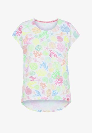 Wit topje met korte mouwen en een pastel multicolor patroon van zee-schelpen, zeesterren en koraal, ronde hals en iets langere achterkant.