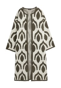 Long cardigan in soft knit, featuring an abstract brown and cream pattern. Open front, loose sleeves, and mid-length design.