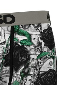 Juodi ir pilki bokseriai su dolerio banknotų ir rožių raštu, su žaliomis lapų ir sidabro grandinėlių dekoracijomis. Pilka elastinga juosmens juosta.