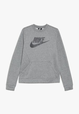 Gray Nike sweatshirt with long sleeves, front pocket, and large dark gray Nike logo and swoosh on chest.