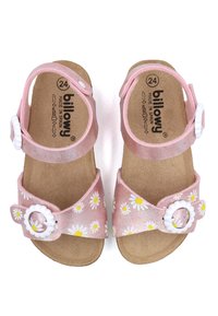 Sandales florales roses avec motifs de marguerite, bride ajustable, boucles circulaires blanches et semelles texturées type liège. Taille 24, fabriquées en Espagne.